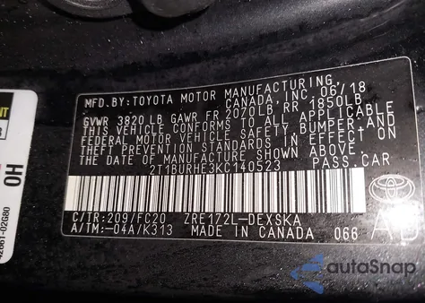 2019 Toyota Corolla Se z USA, uszkodzony, nr VIN 2T1BURHE3KC140523